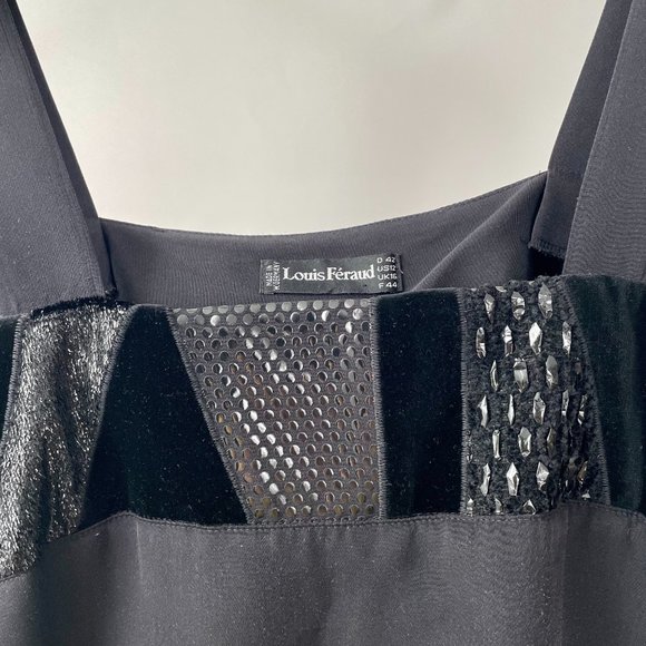 Vintage Louis Feraud Black Silk Square Neck Tank Top, Velvet/Shiny Trim, Size 12 - Picture 3 of 8